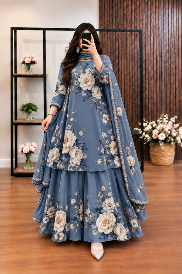 Sabeen - Steel Blue & Ivory Floral Digital Printed Silk 3 Piece Frock