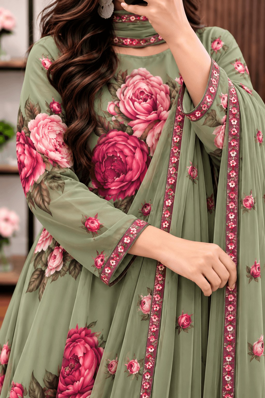 Sabz Gul - Sage Green & Pink Rose Digital Printed Silk 3 Piece Frock