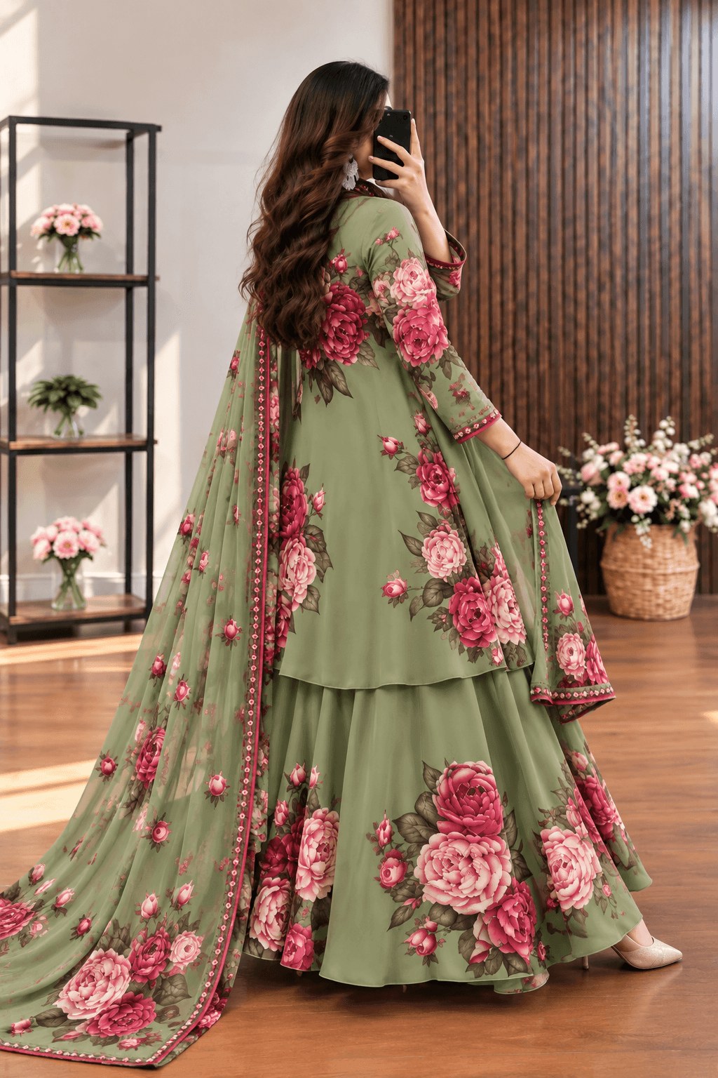 Sabz Gul - Sage Green & Pink Rose Digital Printed Silk 3 Piece Frock