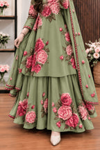 Sabz Gul - Sage Green & Pink Rose Digital Printed Silk 3 Piece Frock