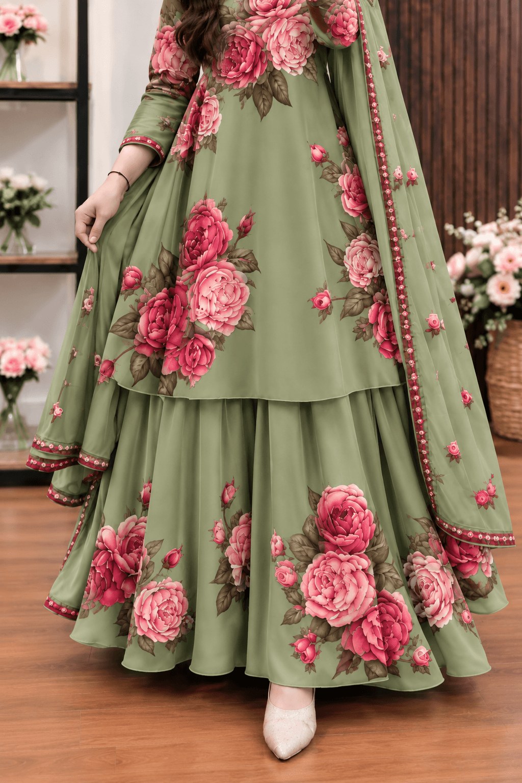 Sabz Gul - Sage Green & Pink Rose Digital Printed Silk 3 Piece Frock