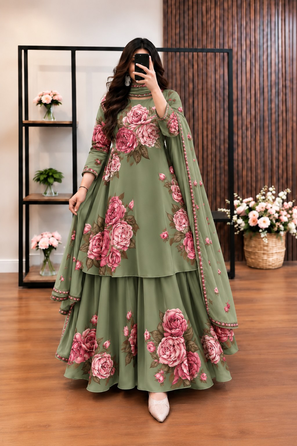Sabz Gul - Sage Green & Pink Rose Digital Printed Silk 3 Piece Frock