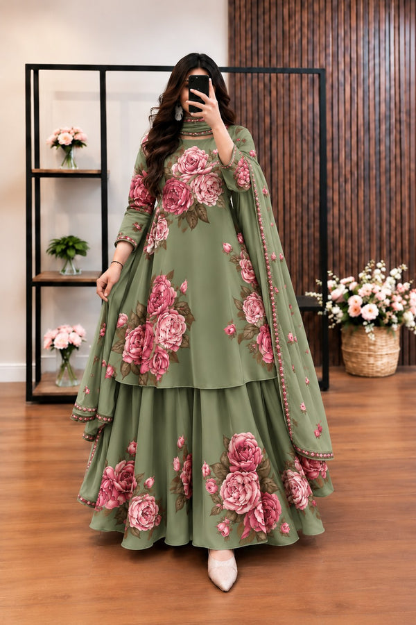 Sabz Gul - Sage Green & Pink Rose Digital Printed Silk 3 Piece Frock