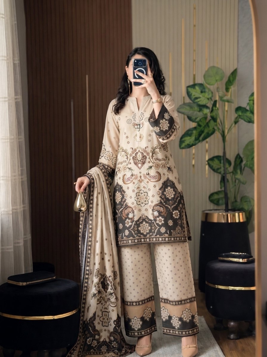 Sandal beige poly lawn 3 piece printed suit with dupatta - view 1