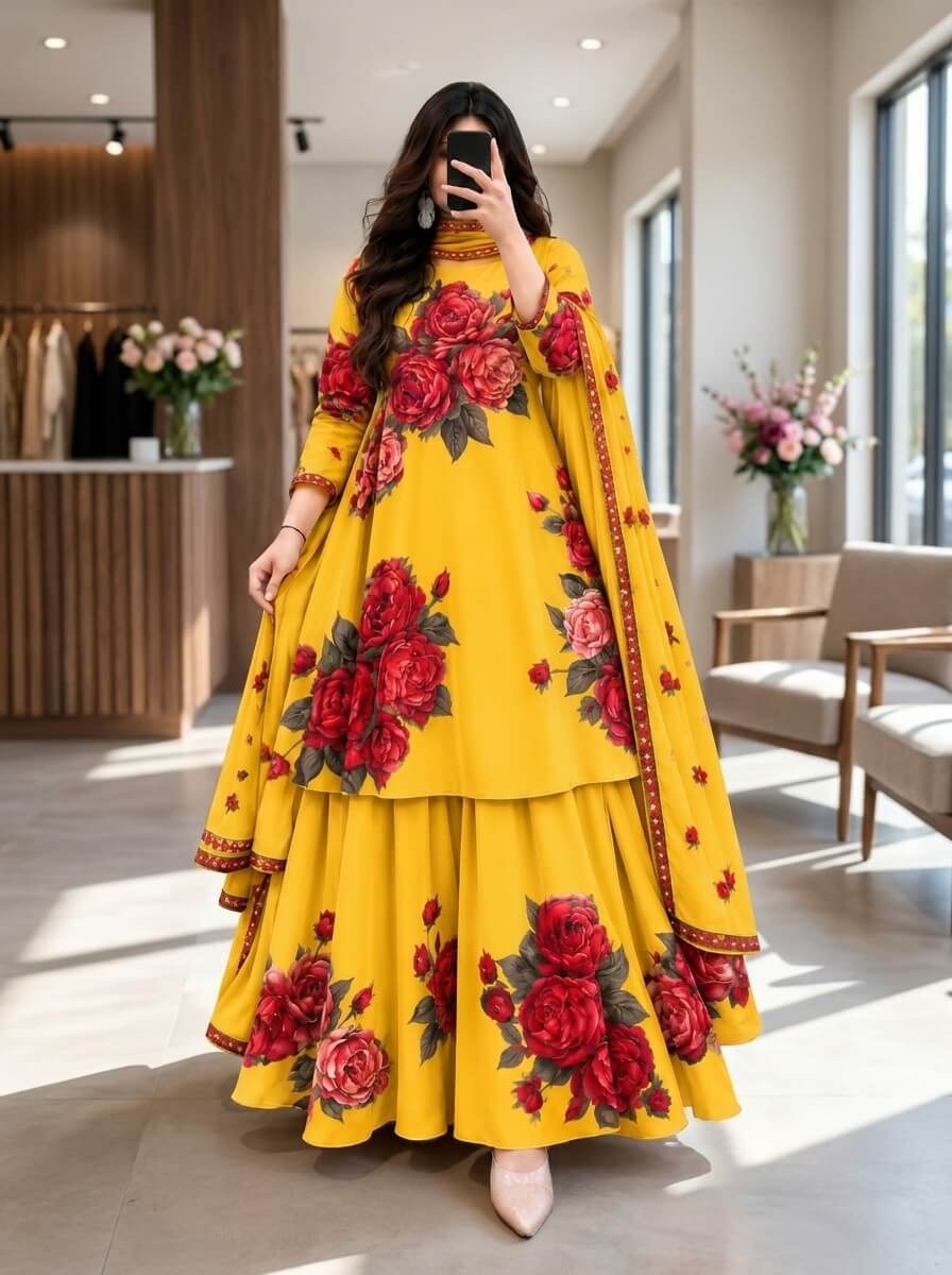 Sarson - Mustard & Red Rose Digital Printed Silk 3 Piece Frock