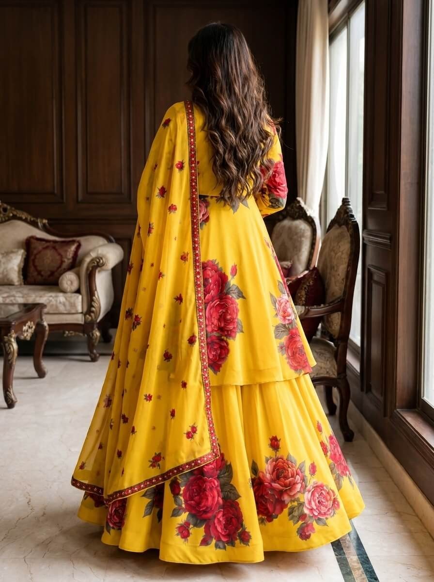 Sarson - Mustard & Red Rose Digital Printed Silk 3 Piece Frock