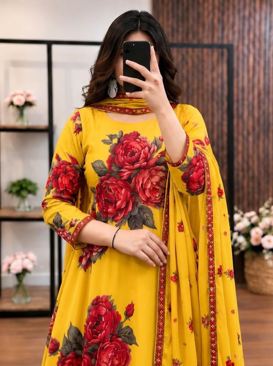 Sarson - Mustard & Red Rose Digital Printed Silk 3 Piece Frock