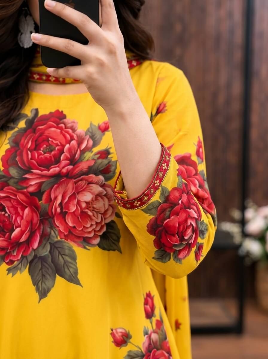 Sarson - Mustard & Red Rose Digital Printed Silk 3 Piece Frock
