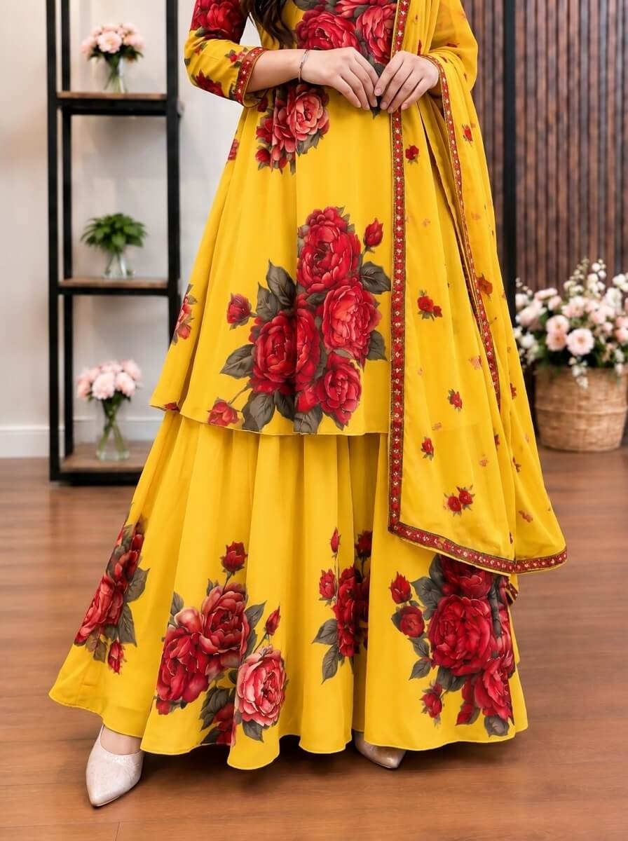 Sarson - Mustard & Red Rose Digital Printed Silk 3 Piece Frock