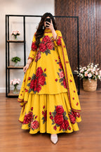 Sarson - Mustard & Red Rose Digital Printed Silk 3 Piece Frock