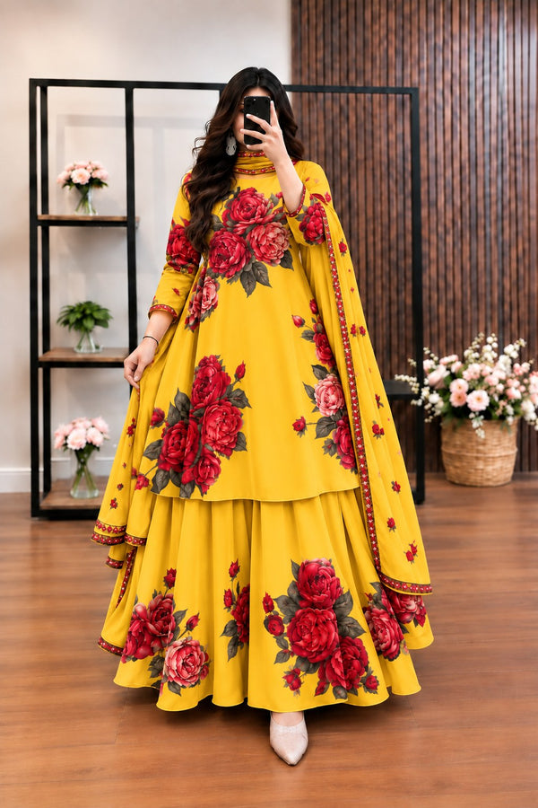 Sarson - Mustard & Red Rose Digital Printed Silk 3 Piece Frock