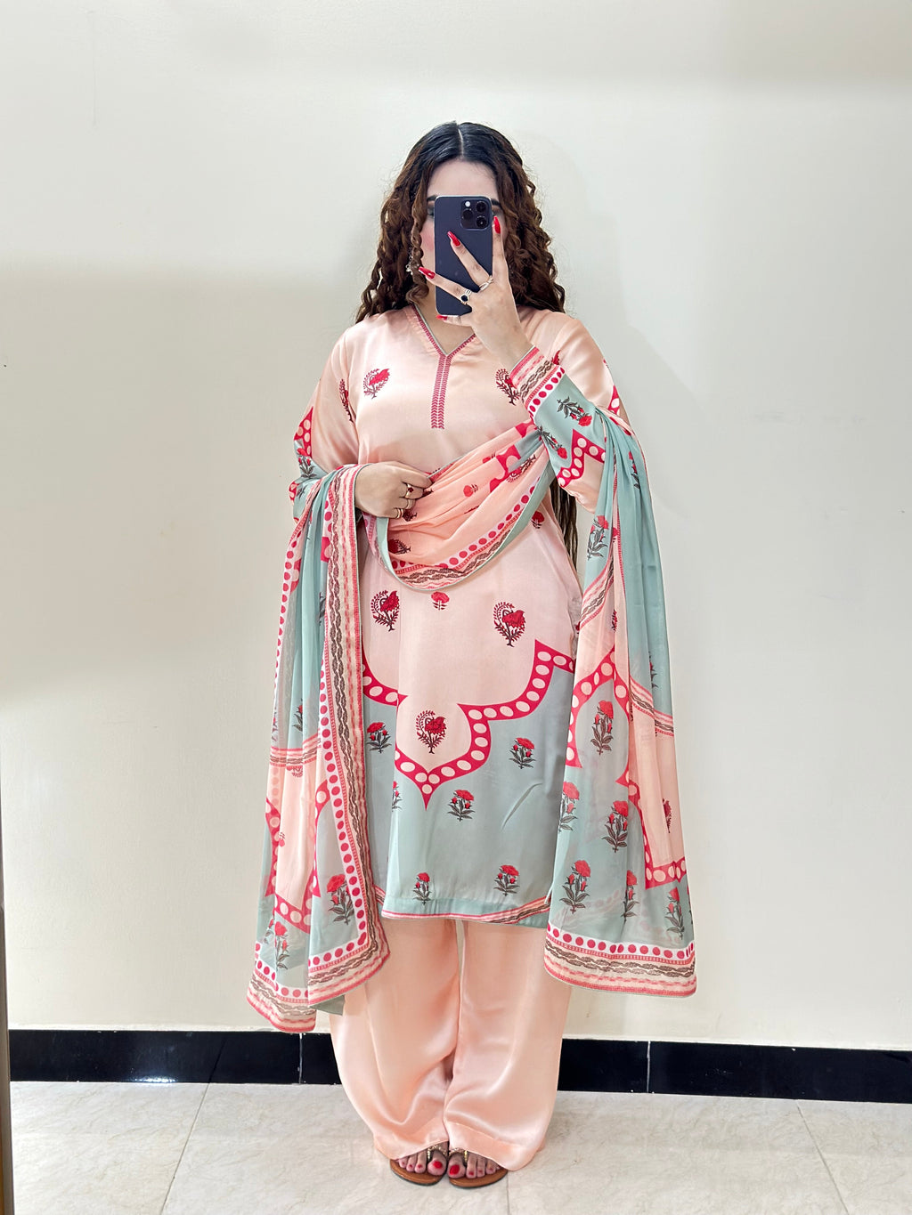 Model wearing a pink and mint suit with a floral dupatta – digital printed silk 3-piece suit