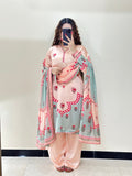 Model wearing a pink and mint suit with a floral dupatta – digital printed silk 3-piece suit