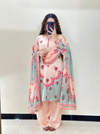 Model wearing a pink and mint suit with a floral dupatta – digital printed silk 3-piece suit