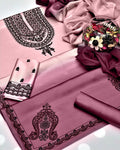 Unstitched digital printed silk 3-piece suit in pink-to-mauve ombre with a black motif neckline print