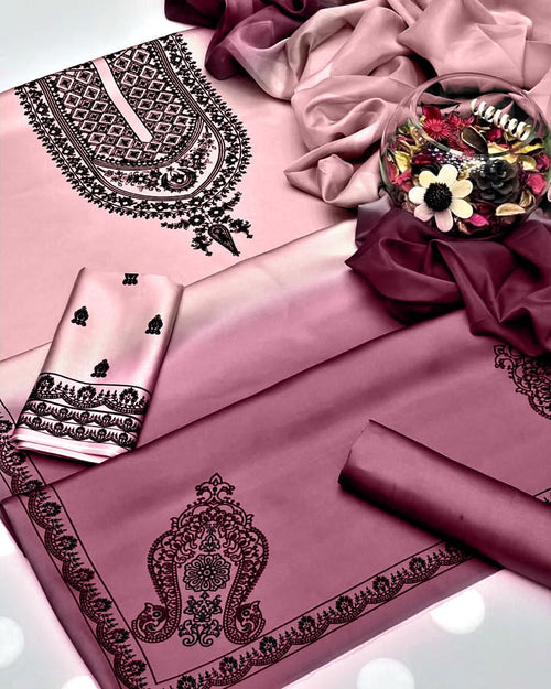 Unstitched digital printed silk 3-piece suit in pink-to-mauve ombre with a black motif neckline print