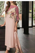 Model wearing a dusty pink kurta with a floral panel and dupatta – digital printed silk 3-piece suit