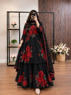 Shab-e-Gul - Black & Red Rose Digital Printed Silk 3 Piece Frock