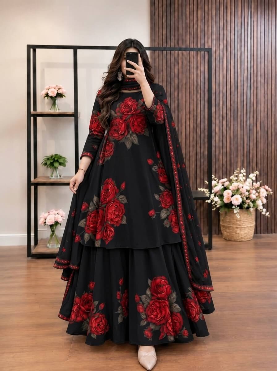 Shab-e-Gul - Black & Red Rose Digital Printed Silk 3 Piece Frock