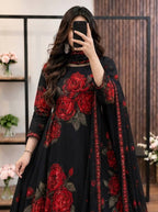 Shab-e-Gul - Black & Red Rose Digital Printed Silk 3 Piece Frock