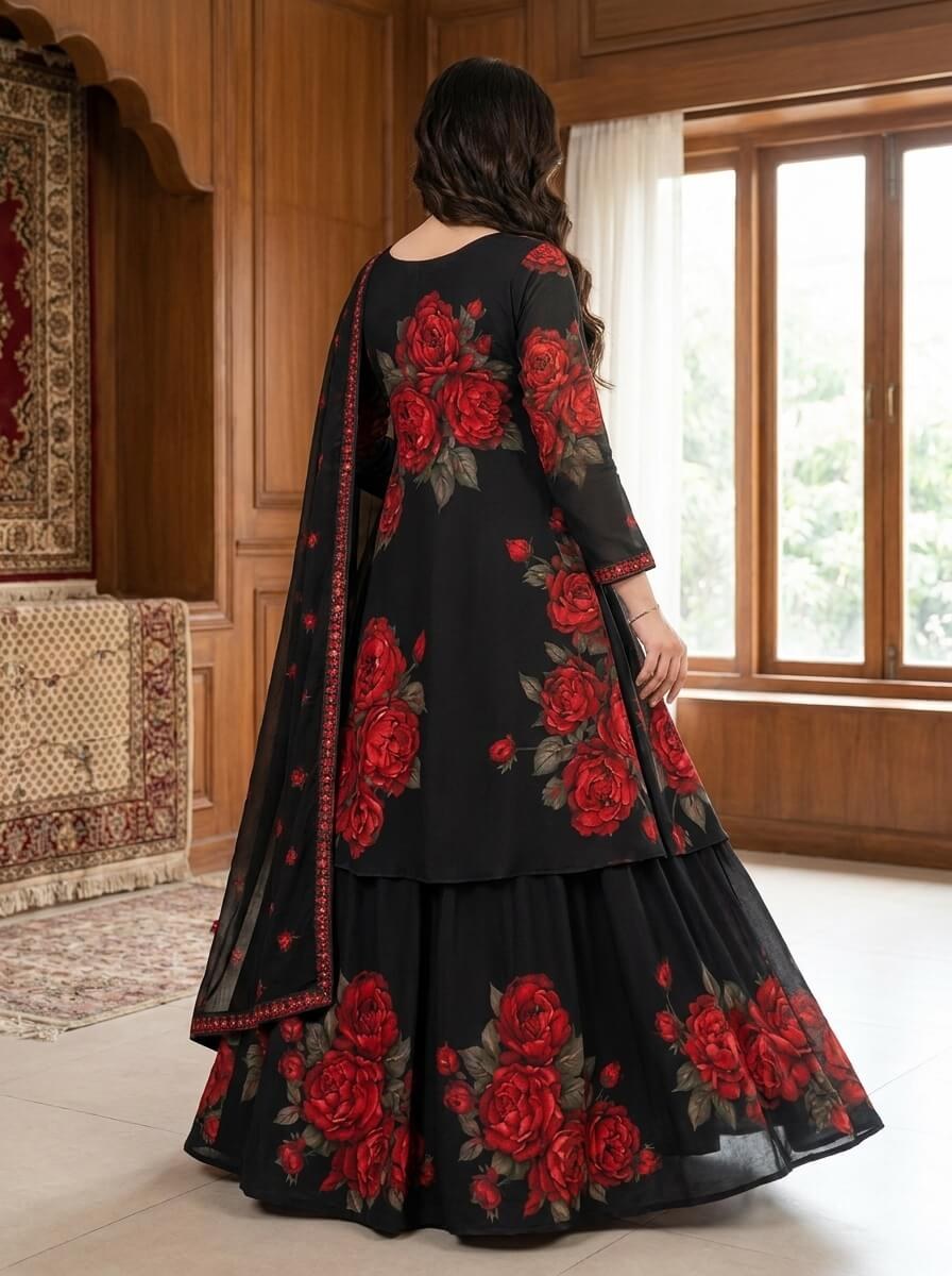 Shab-e-Gul - Black & Red Rose Digital Printed Silk 3 Piece Frock