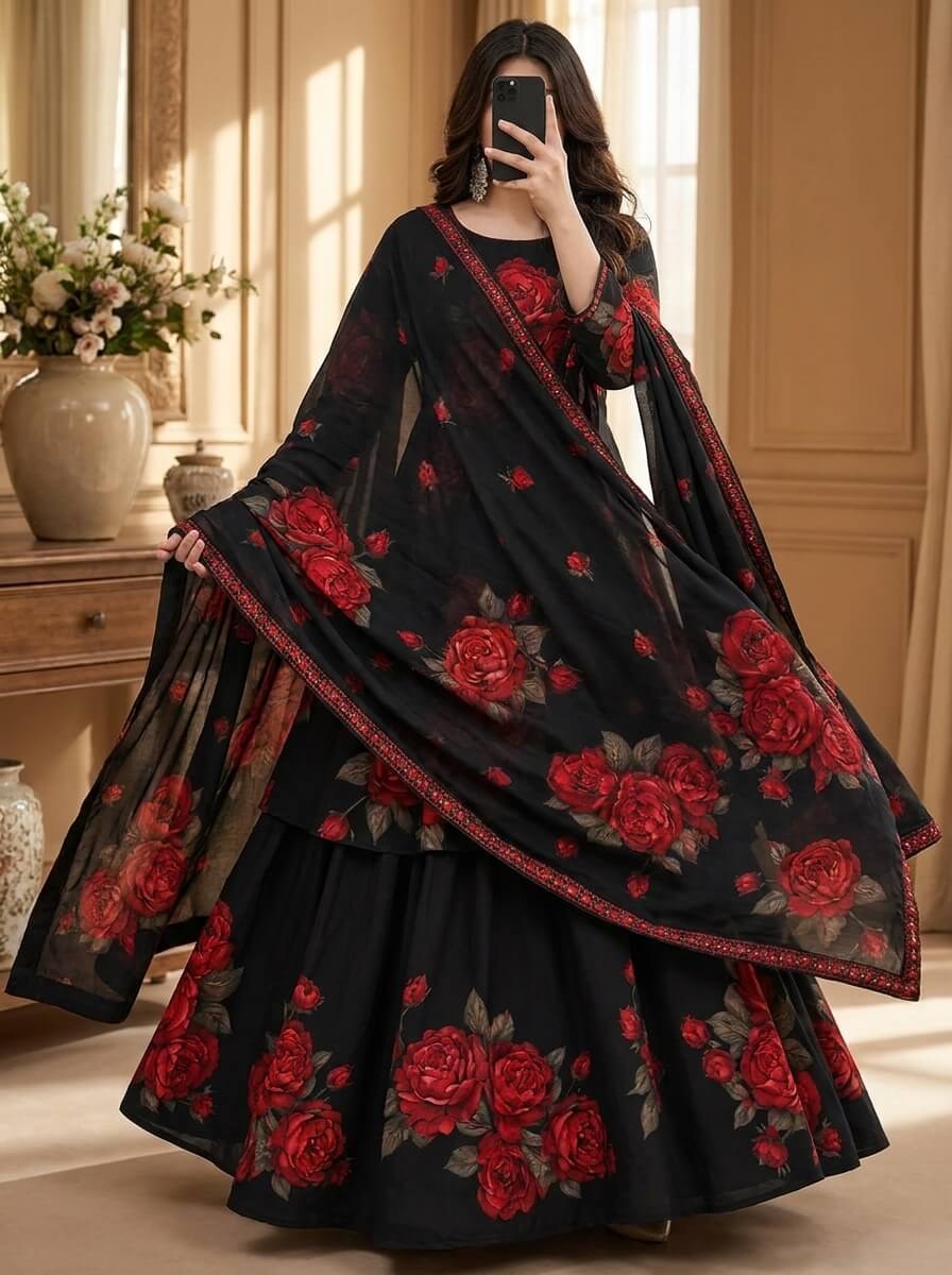Shab-e-Gul - Black & Red Rose Digital Printed Silk 3 Piece Frock