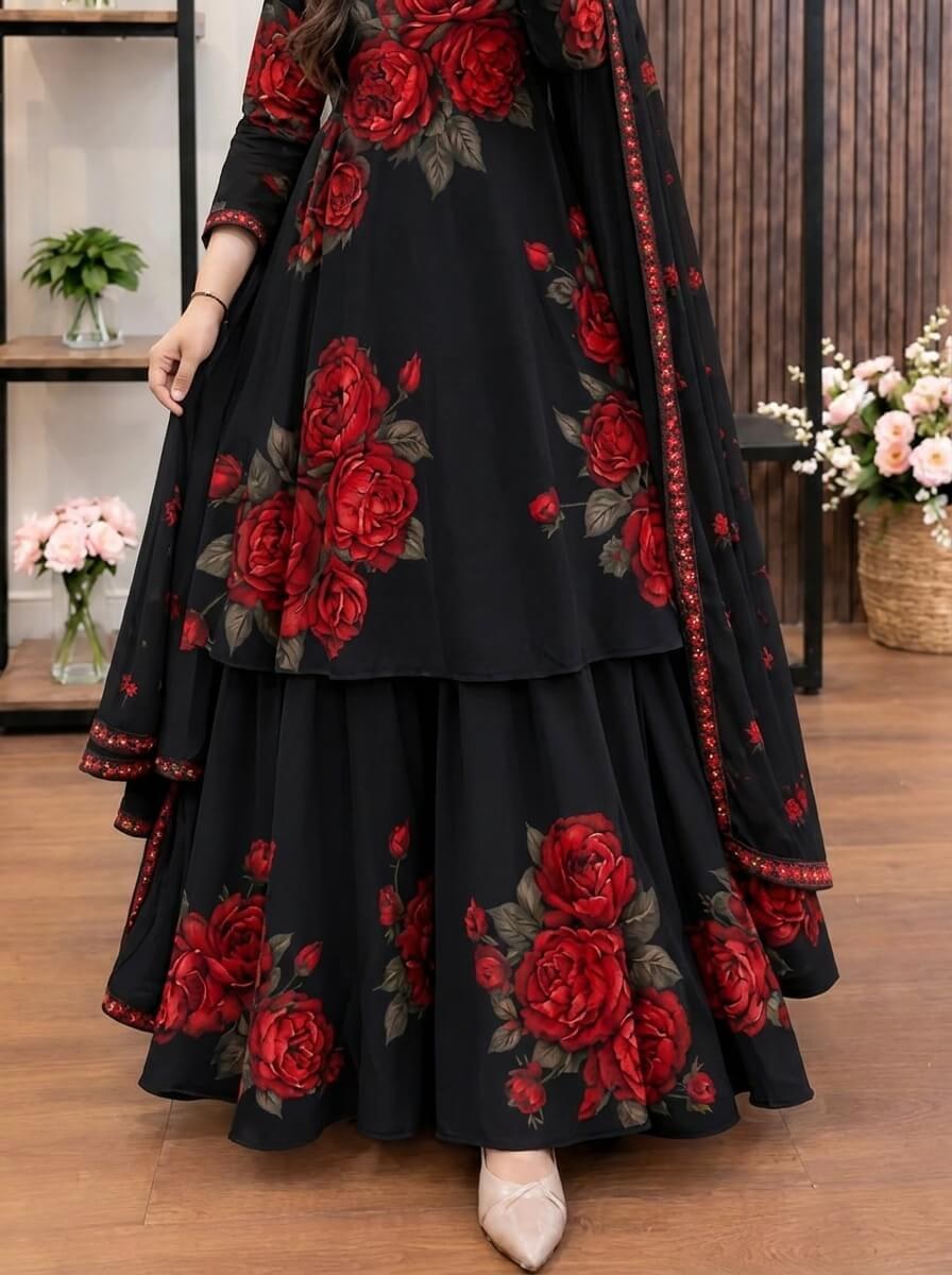 Shab-e-Gul - Black & Red Rose Digital Printed Silk 3 Piece Frock