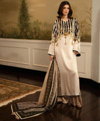 Model wearing a cream kurta with black stripes and a striped dupatta – digital printed silk 3-piece suit