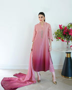 Model wearing a pink-to-magenta ombre kurta with a dupatta – digital printed silk 3-piece suit