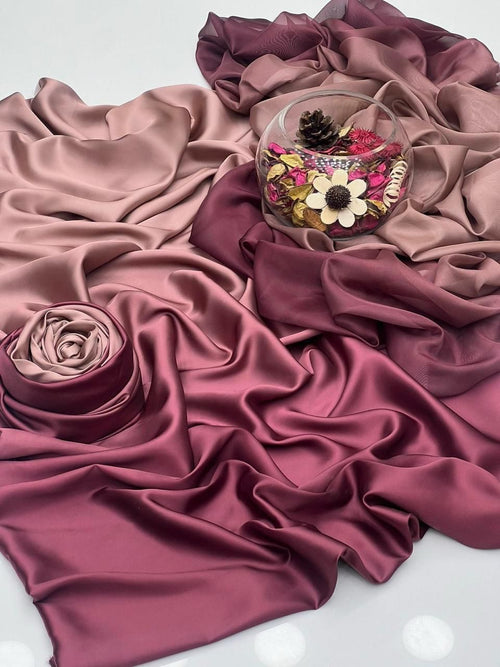 Unstitched digital printed silk 3-piece suit in mauve plain satin-finish silk with a decorative flower