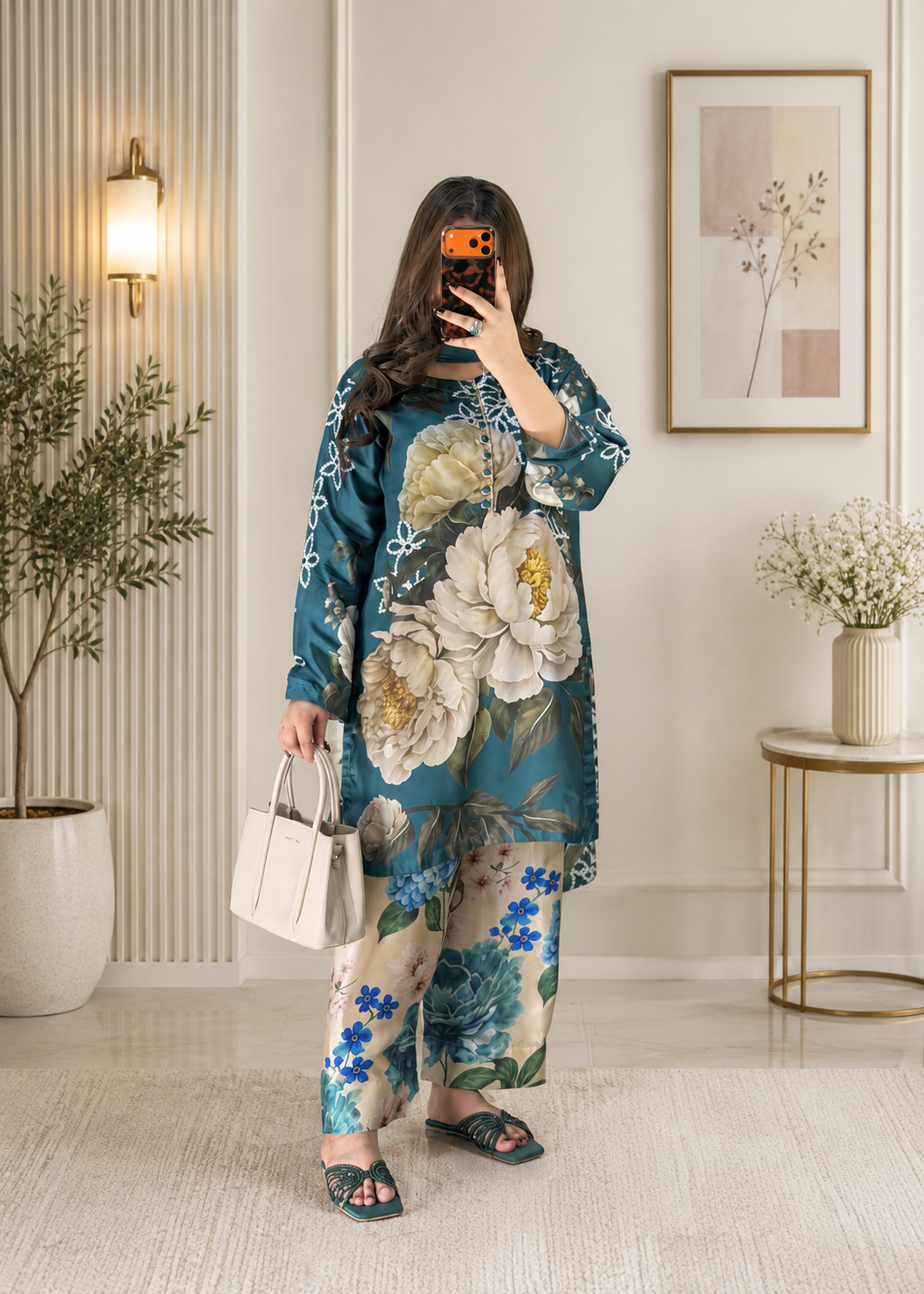 Model wearing a teal co-ord set with a cream peony print – digital printed silk 3-piece suit