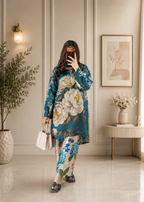 Teal Blossom Co-ord Set digital printed silk 3-piece suit, image 2 of 3