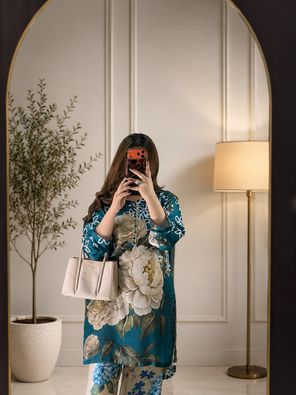 Teal Blossom Co-ord Set digital printed silk 3-piece suit, image 3 of 3