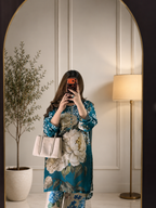 Teal Blossom Co-ord Set digital printed silk 3-piece suit, image 3 of 3
