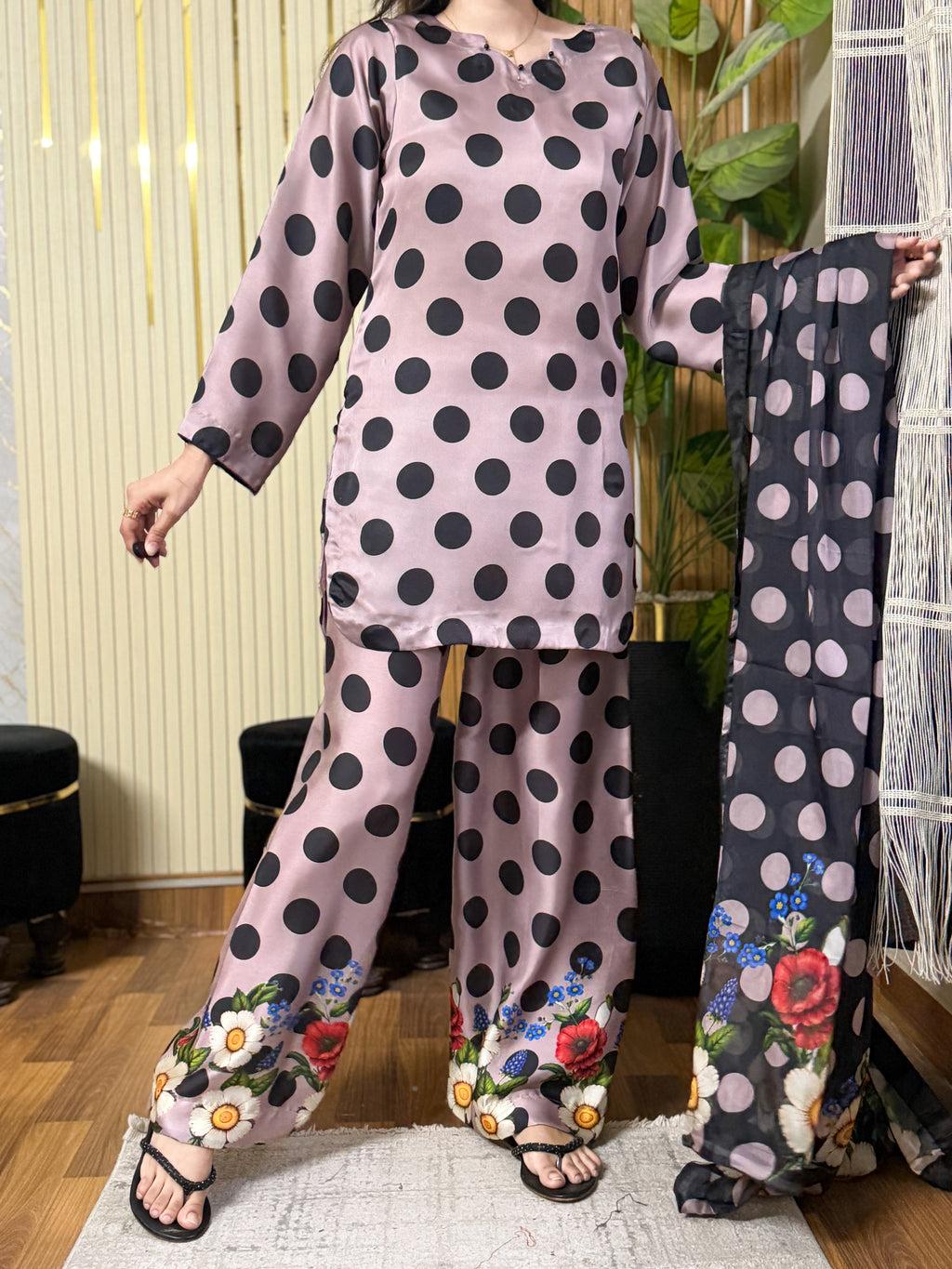 Model wearing a mauve black polka-dot kurta with floral-hem trousers – digital printed silk 3-piece suit