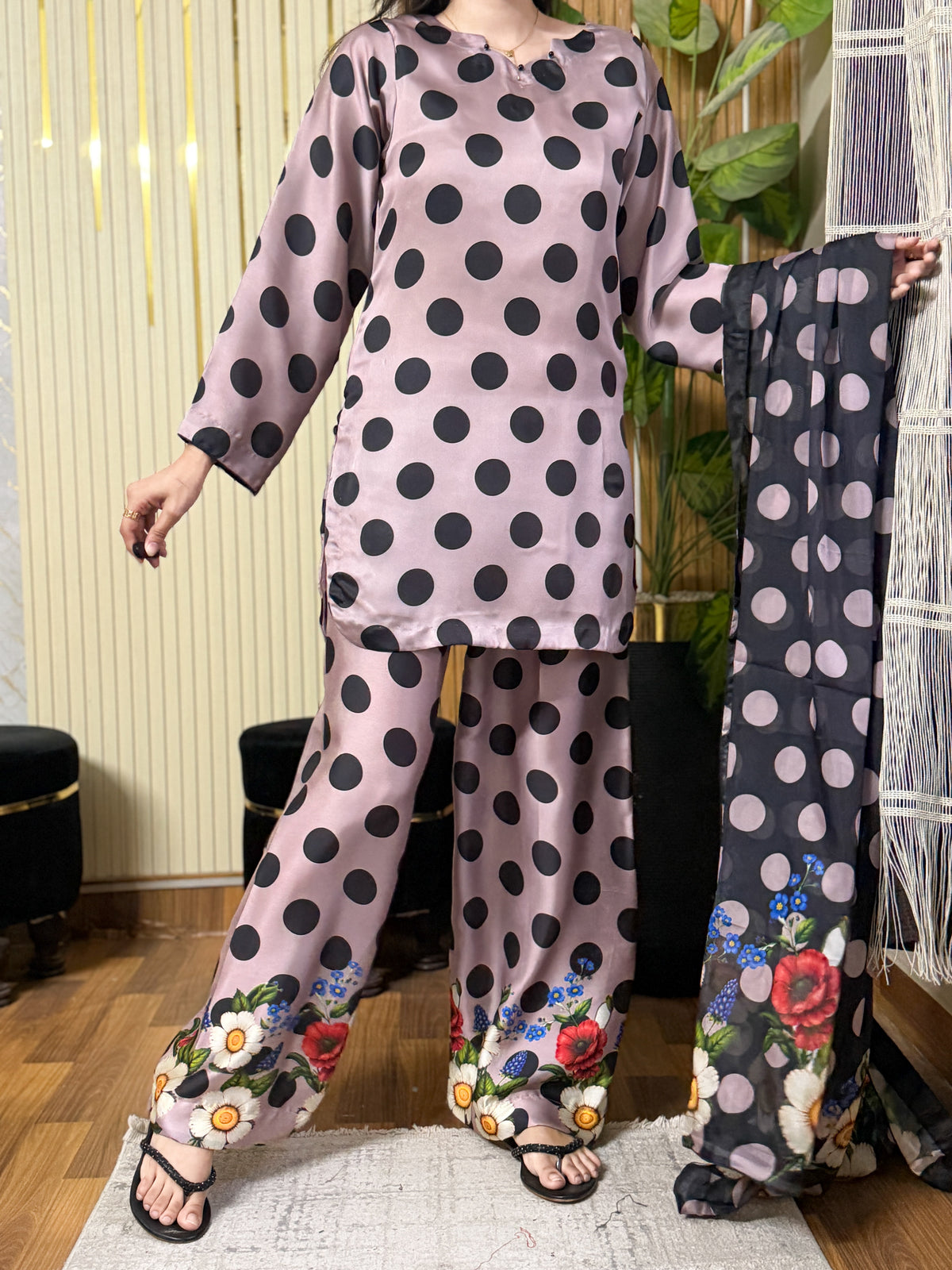 Model wearing a mauve black polka-dot kurta with floral-hem trousers – digital printed silk 3-piece suit