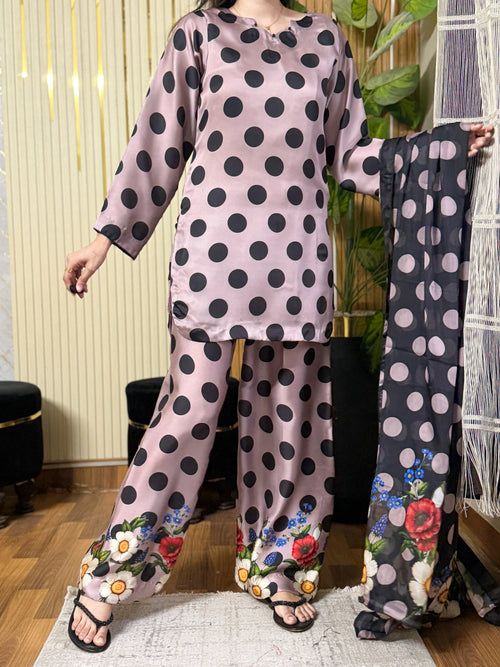 Model wearing a mauve black polka-dot kurta with floral-hem trousers – digital printed silk 3-piece suit