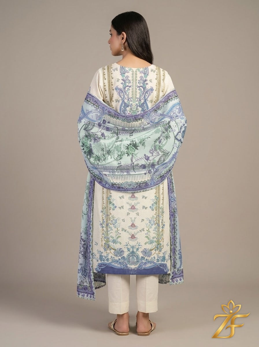 Neel Kamal - Ivory Blue 3 Piece Printed Suit