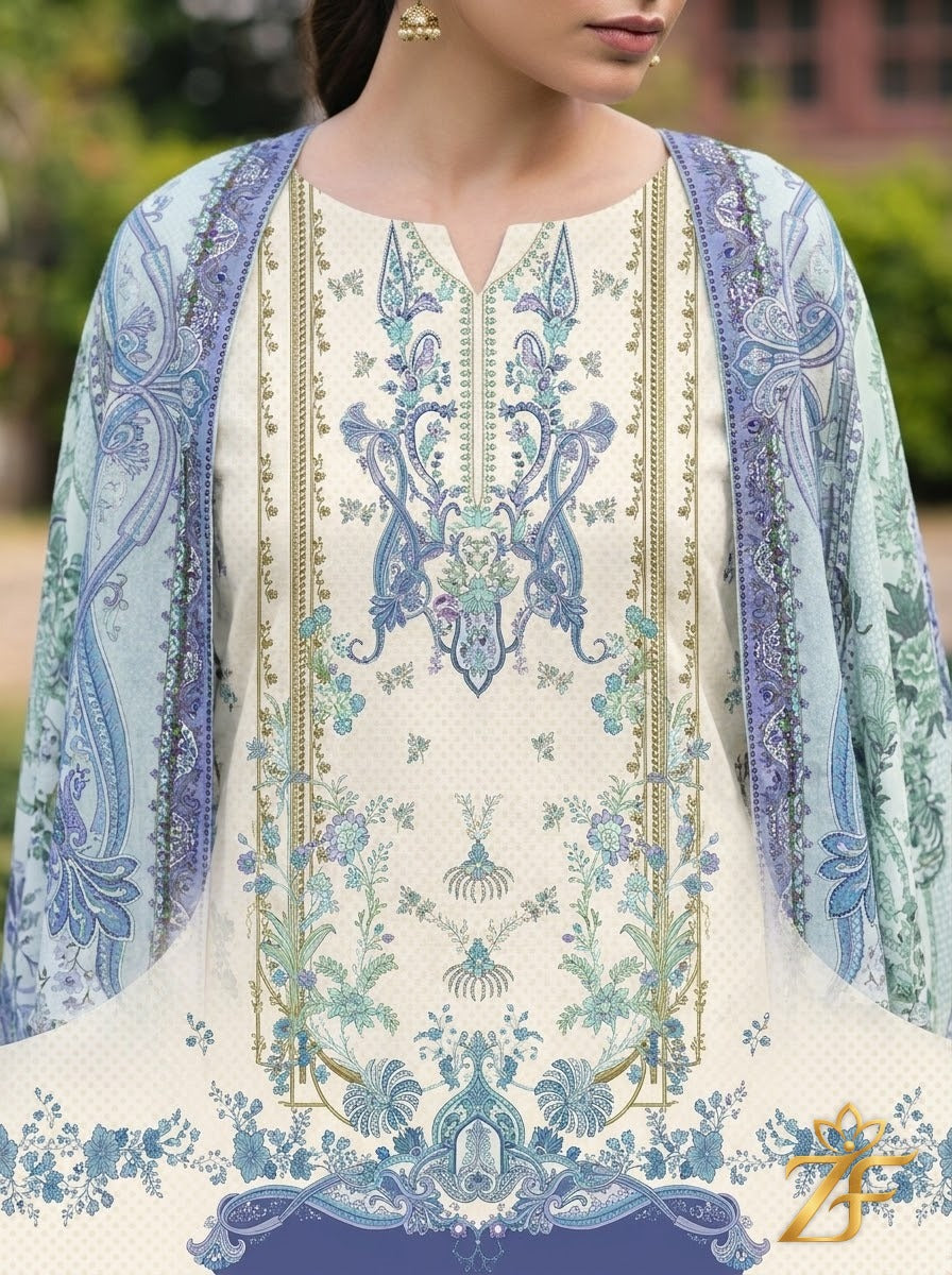Neel Kamal - Ivory Blue 3 Piece Printed Suit