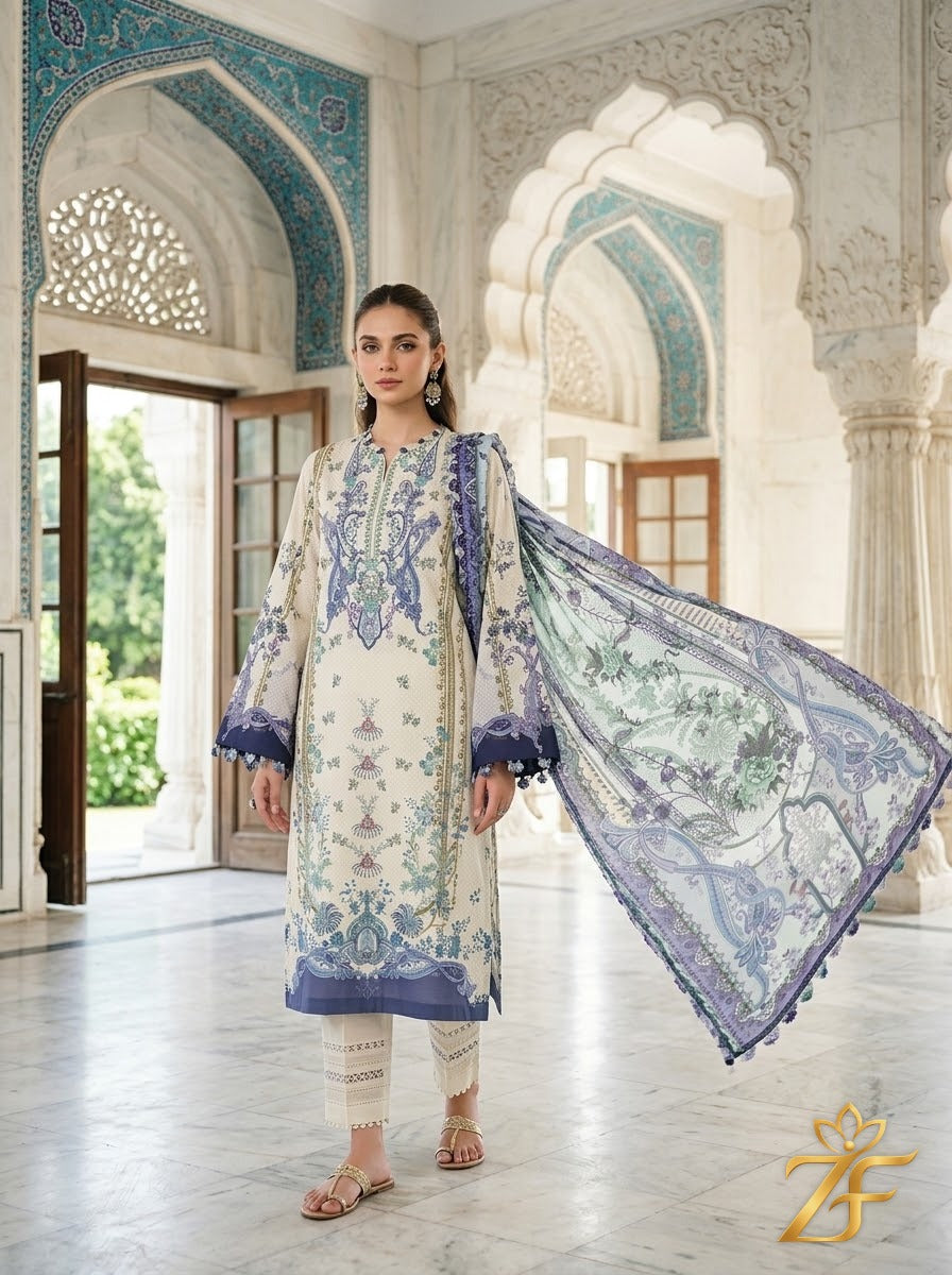 Neel Kamal - Ivory Blue 3 Piece Printed Suit