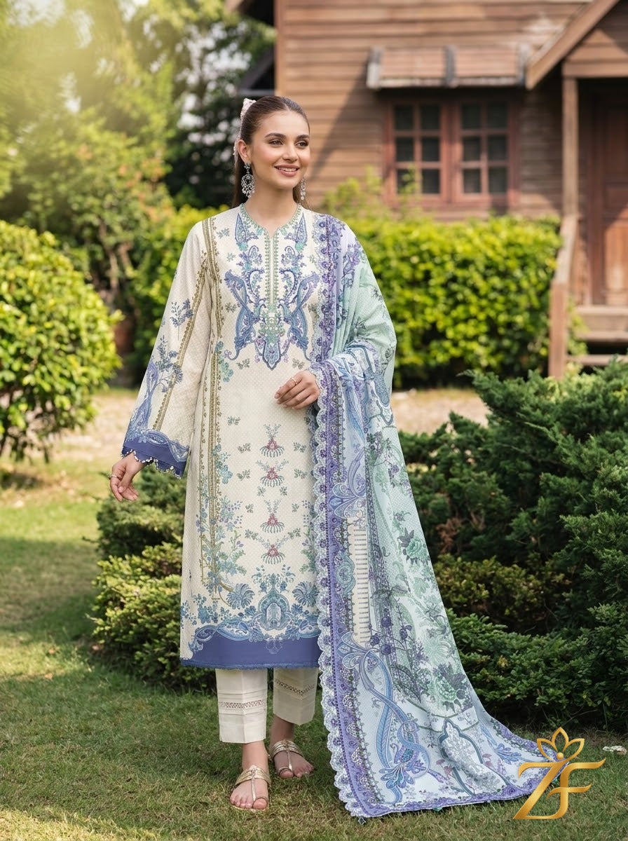 Neel Kamal - Ivory Blue 3 Piece Printed Suit