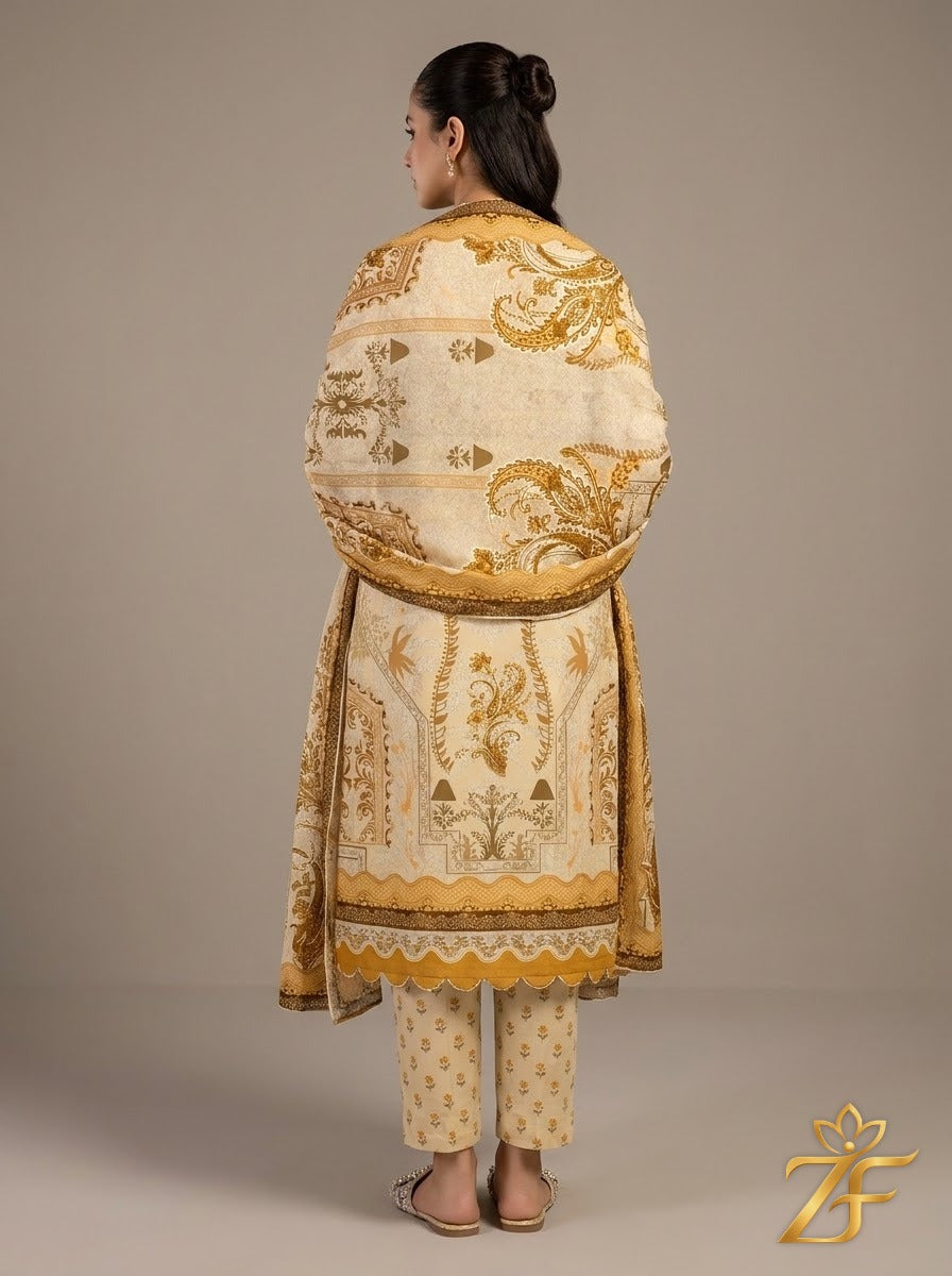Sunehri - Beige Mustard 3 Piece Printed Suit
