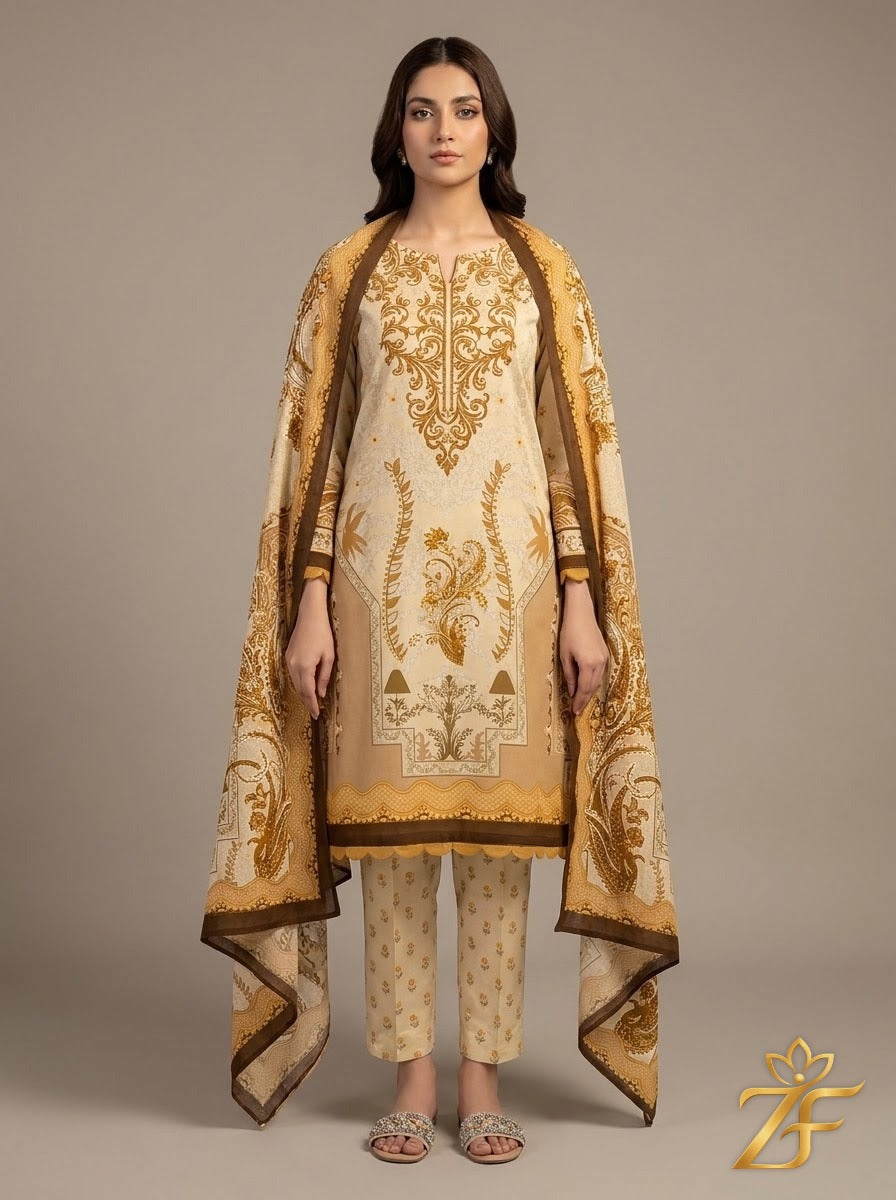 Sunehri - Beige Mustard 3 Piece Printed Suit