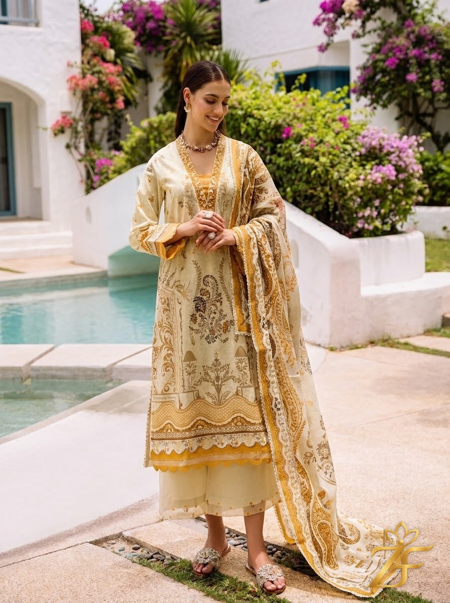 Sunehri - Beige Mustard 3 Piece Printed Suit