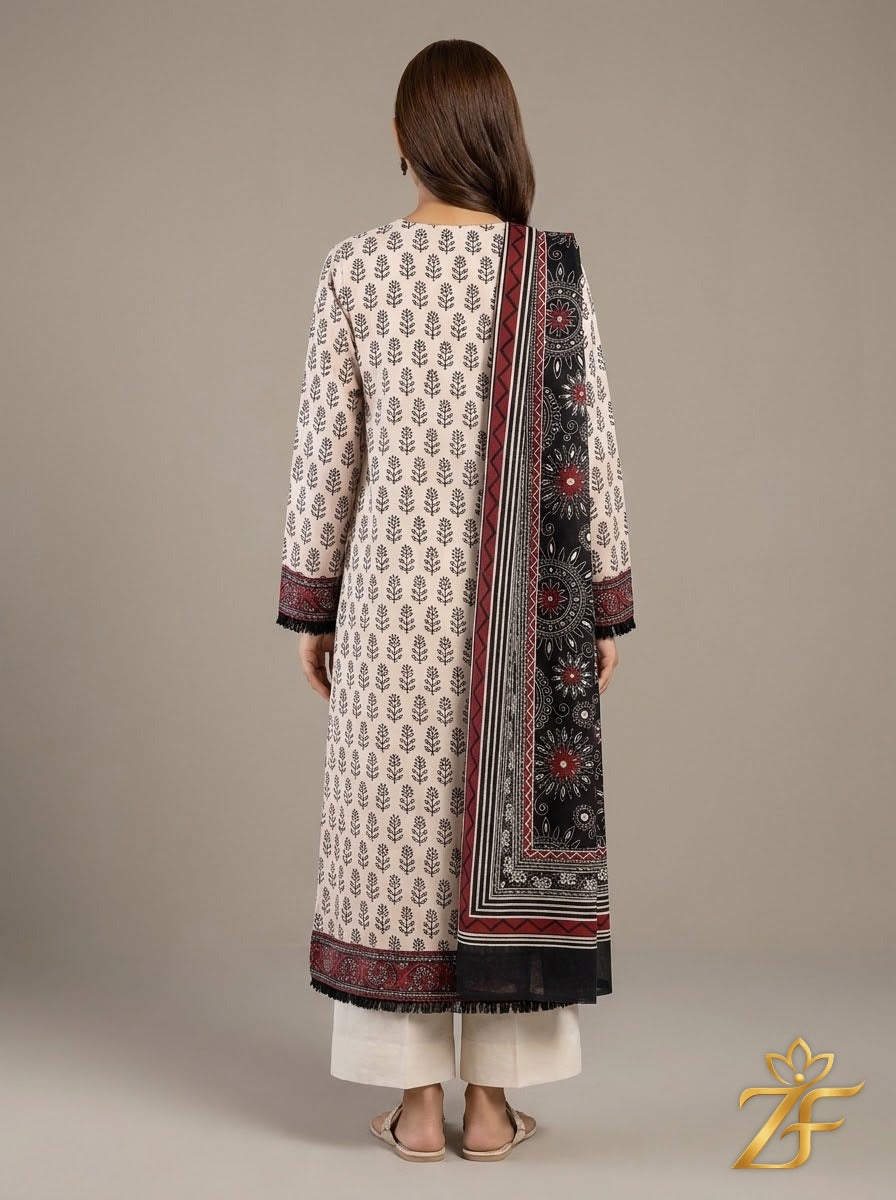 Chandni - Off White Black 3 Piece Printed Suit