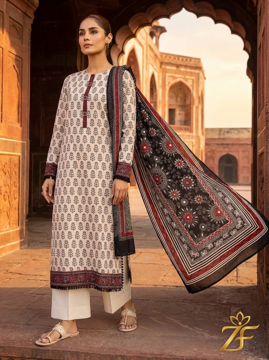 Chandni - Off White Black 3 Piece Printed Suit