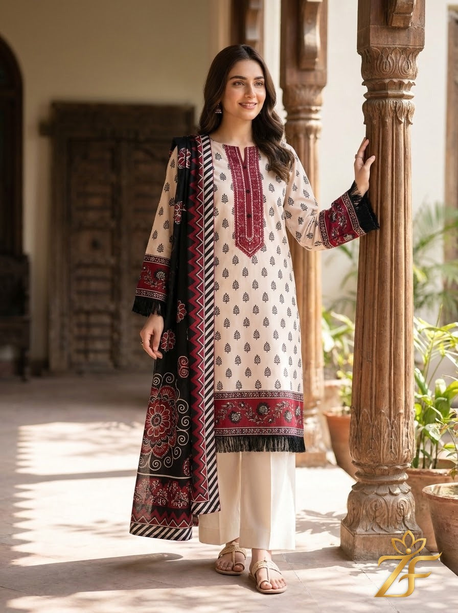 Chandni - Off White Black 3 Piece Printed Suit
