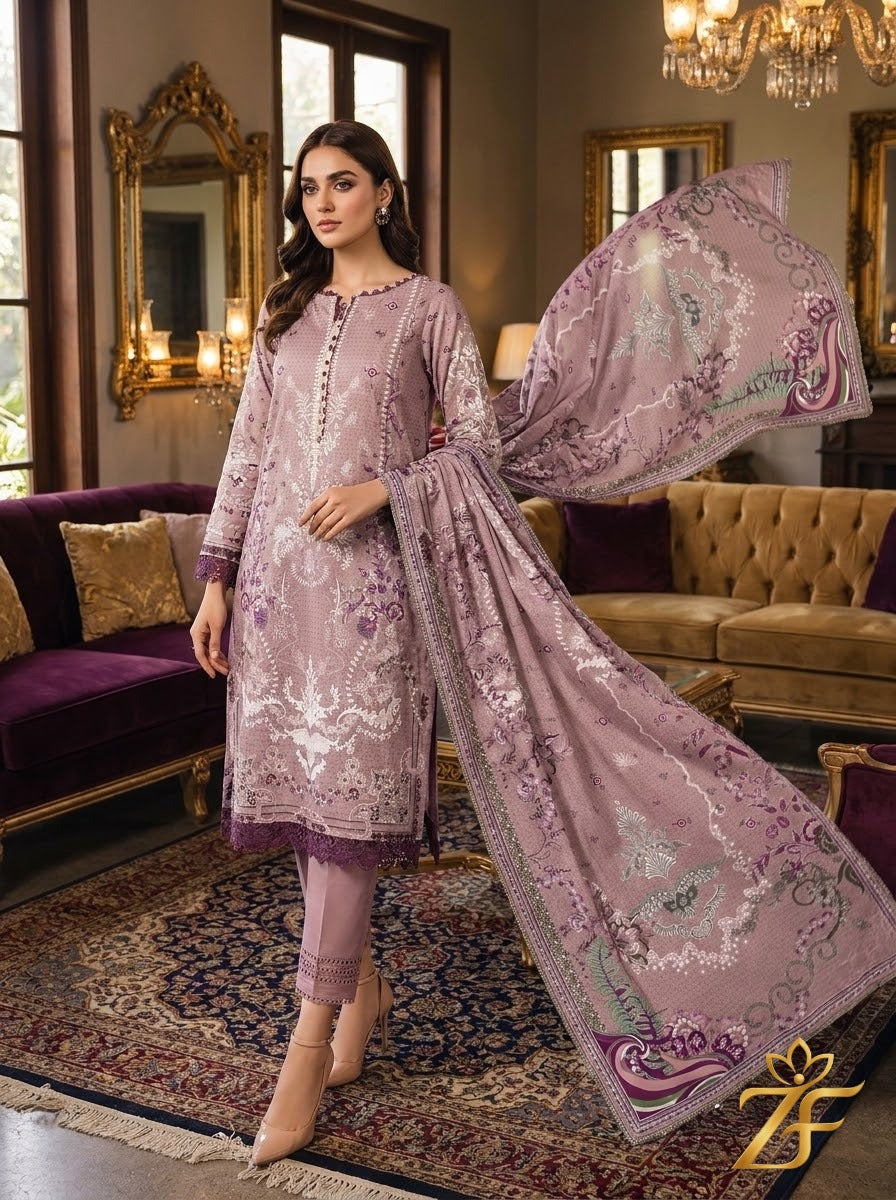 Zeenat - Mauve Plum 3 Piece Printed Suit
