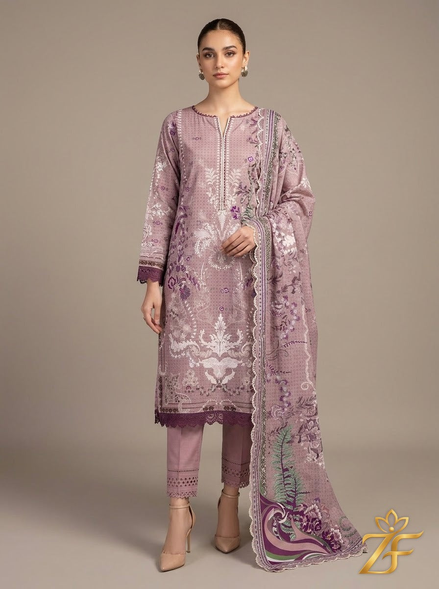 Zeenat - Mauve Plum 3 Piece Printed Suit