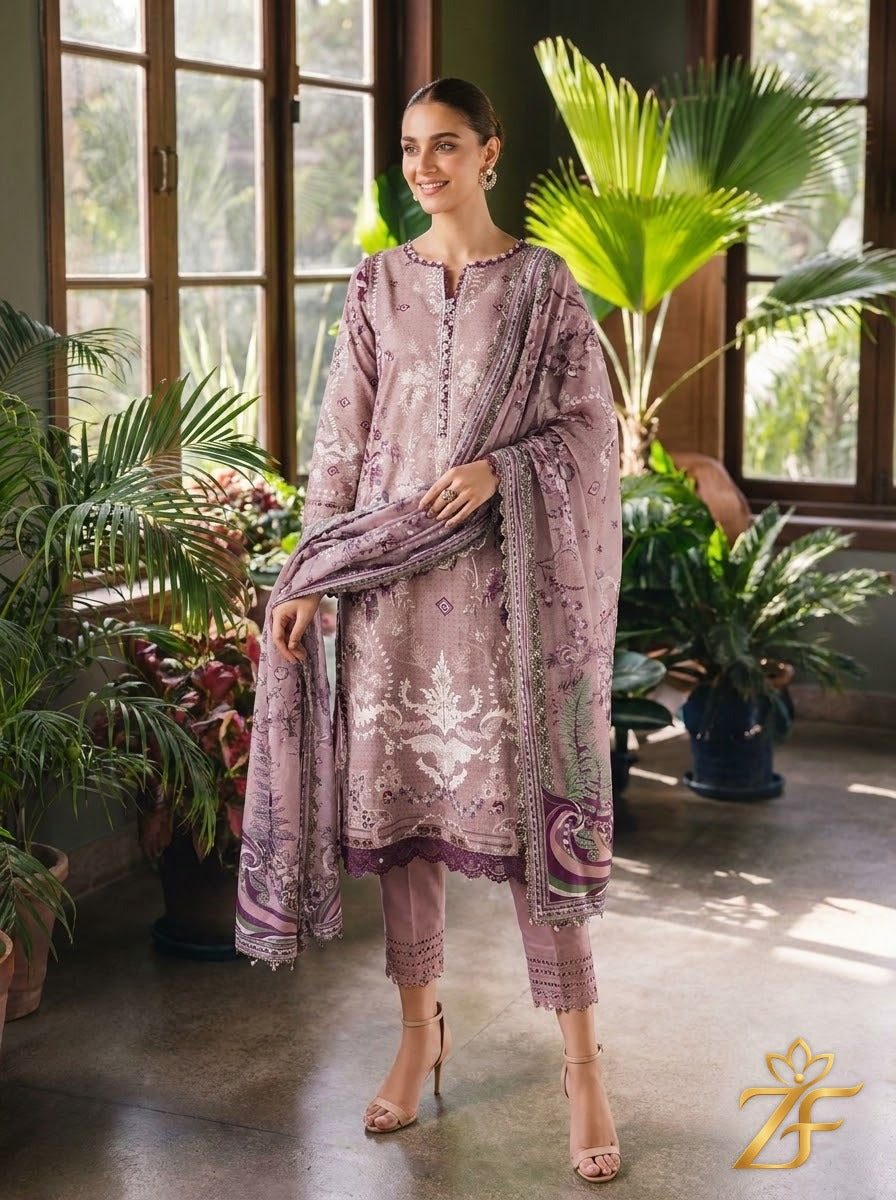 Zeenat - Mauve Plum 3 Piece Printed Suit